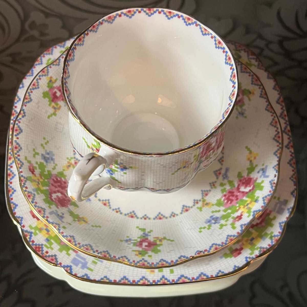 Vintage Royal Albert Petit Point Trio  Bone China England  Cross Stitch Rose Pattern !!R1!!