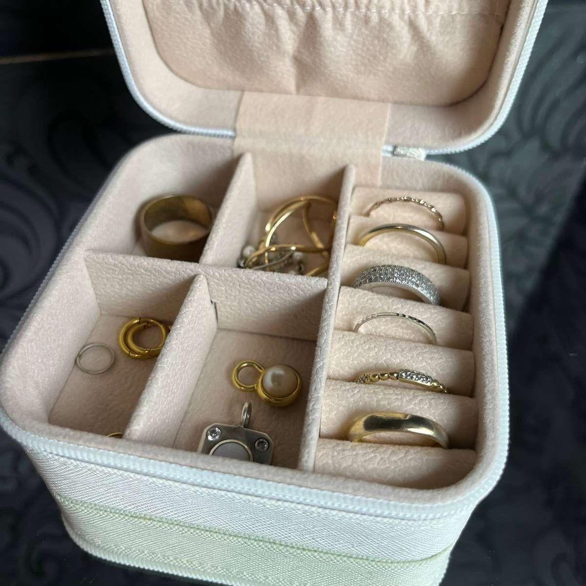 White Travel Jewelry Box  Compact Organizer with Zip & Velvet Interior