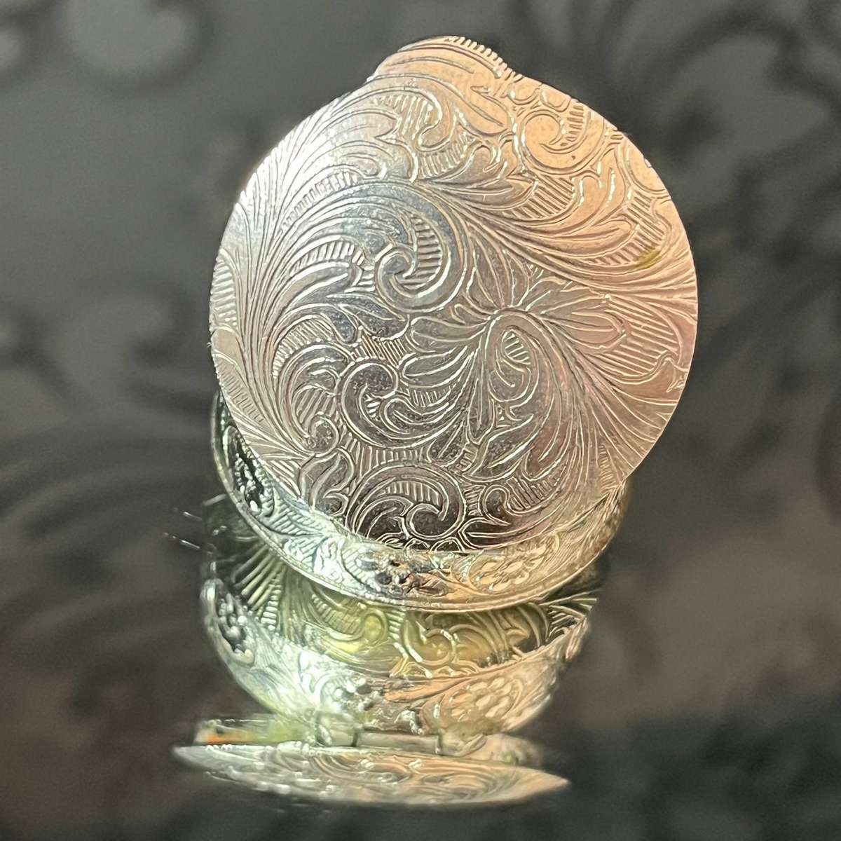 Antique Silver Pill Box  Ornate Engraved Round Snuff Box