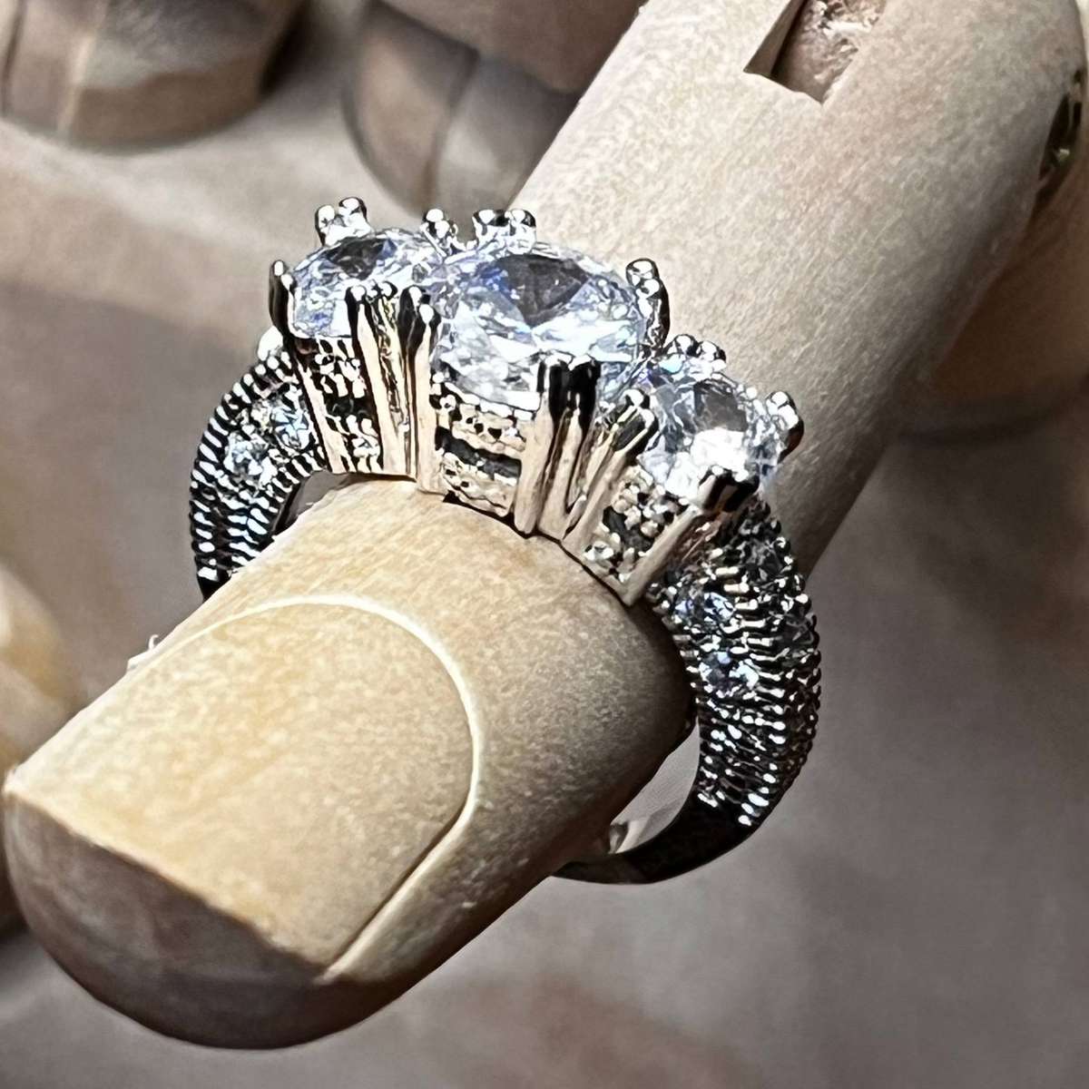 Sterling Silver Ring with Three Large Clear Stones & Paved Band  Statement Design