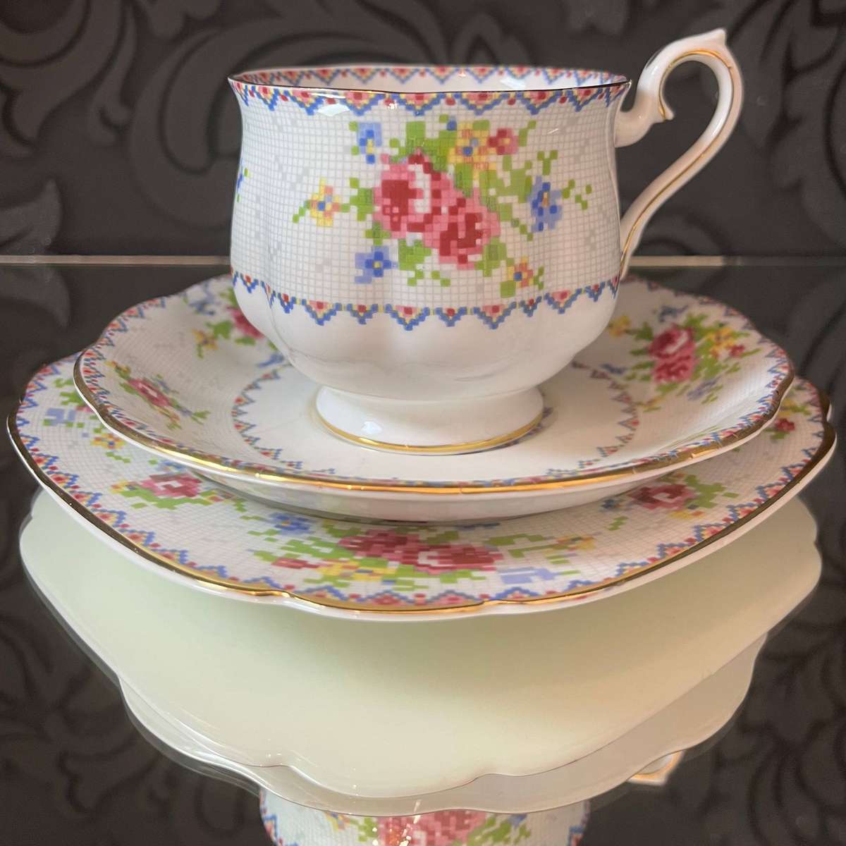 Vintage Royal Albert Petit Point Trio  Bone China England  Cross Stitch Rose Pattern !!R1!!