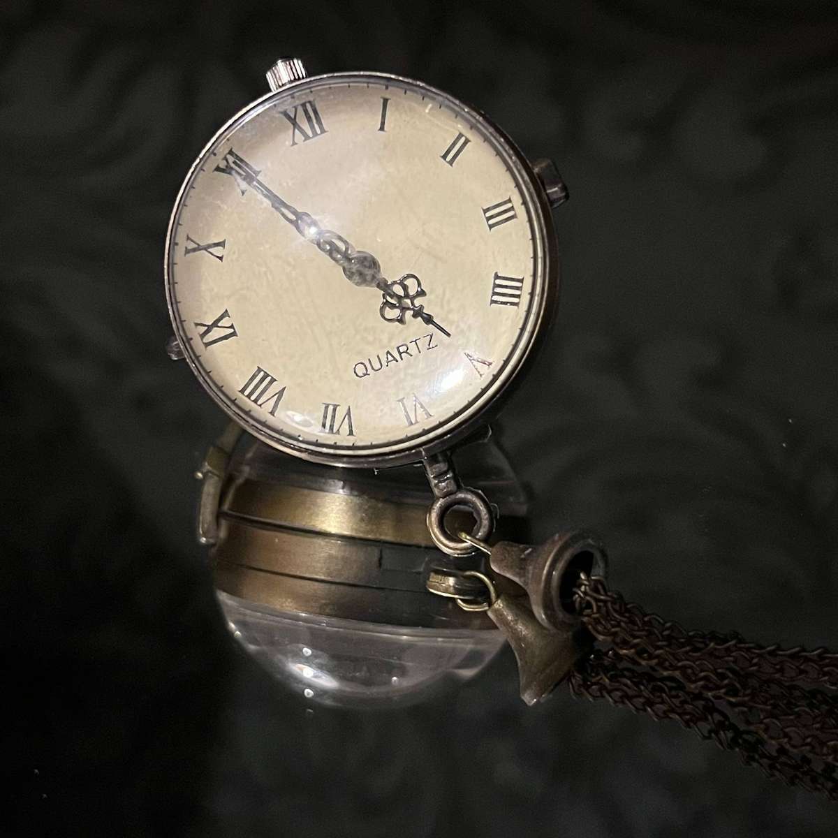 Steampunk Orb Pocket Watch Quartz Movement, Brass & Glass Design