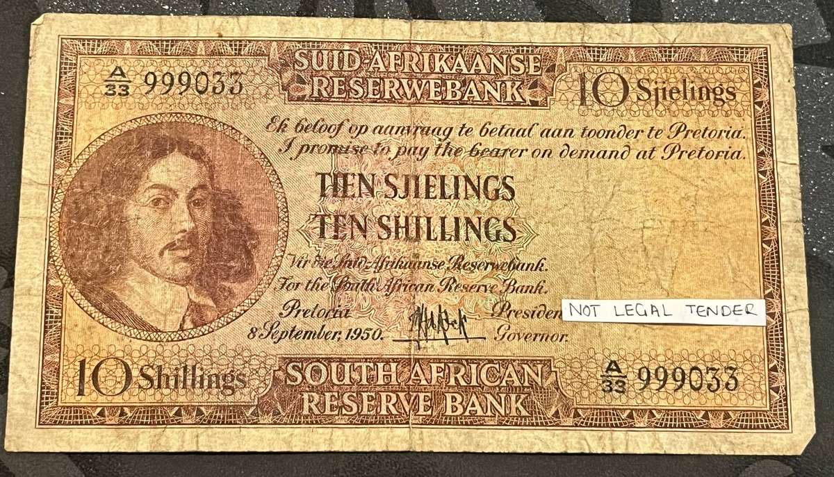 1950 South Africa  Ten Shillings (10/-) Banknote  Jan van Riebeeck