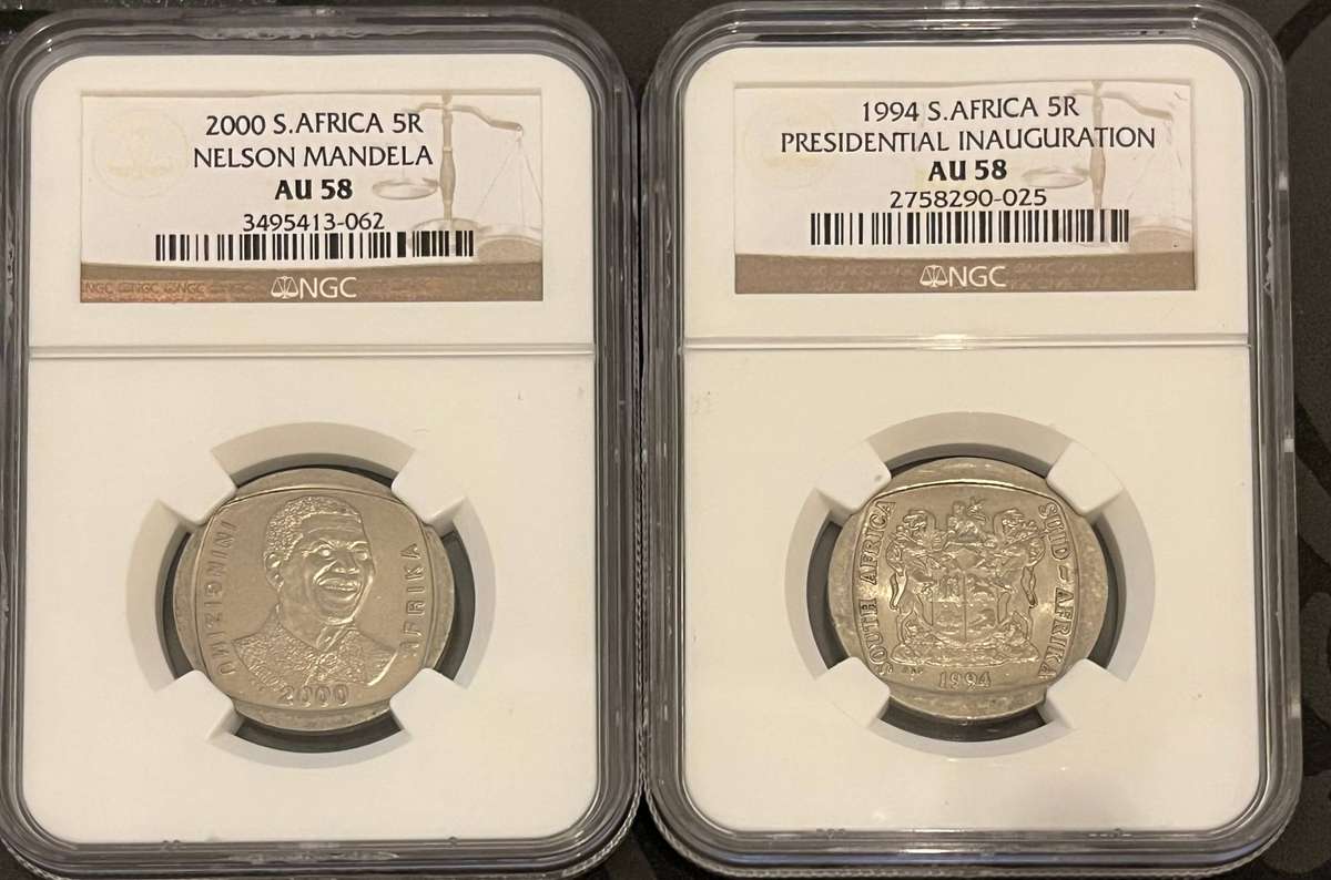 1994 & 2000 South Africa 5 Rand  NGC AU58 Mandela & Inauguration Set