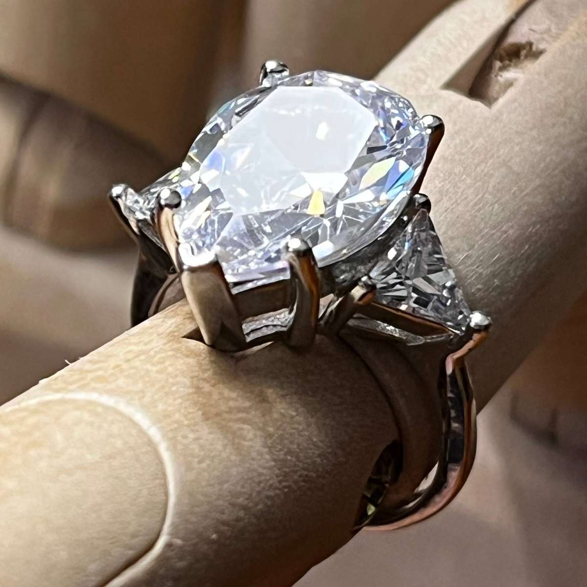Sterling Silver Large Oval Clear Stone Ring with Trillion Accents