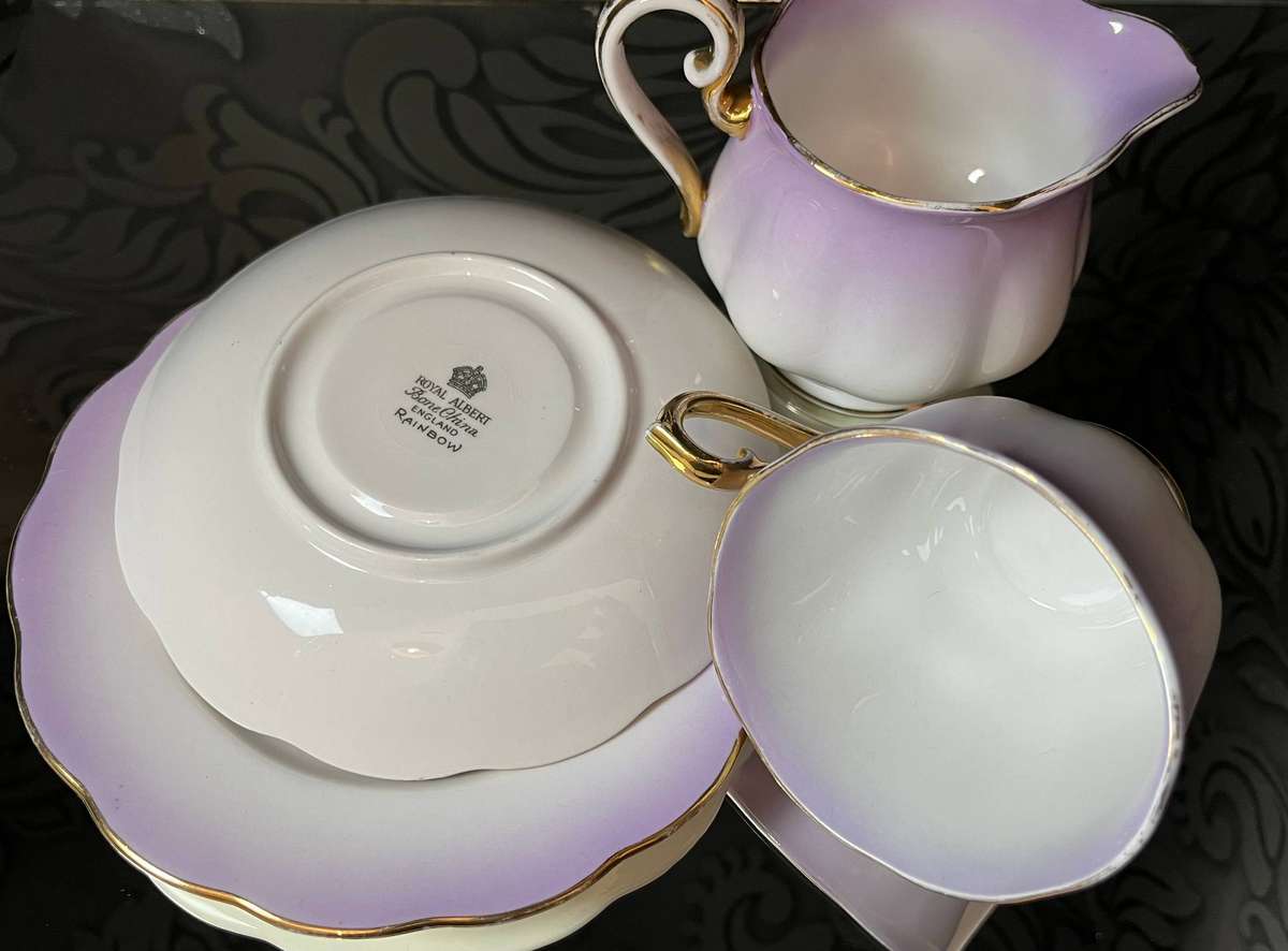 Royal Albert Rainbow Lilac Trio + Creamer  English Bone China Collectors Set