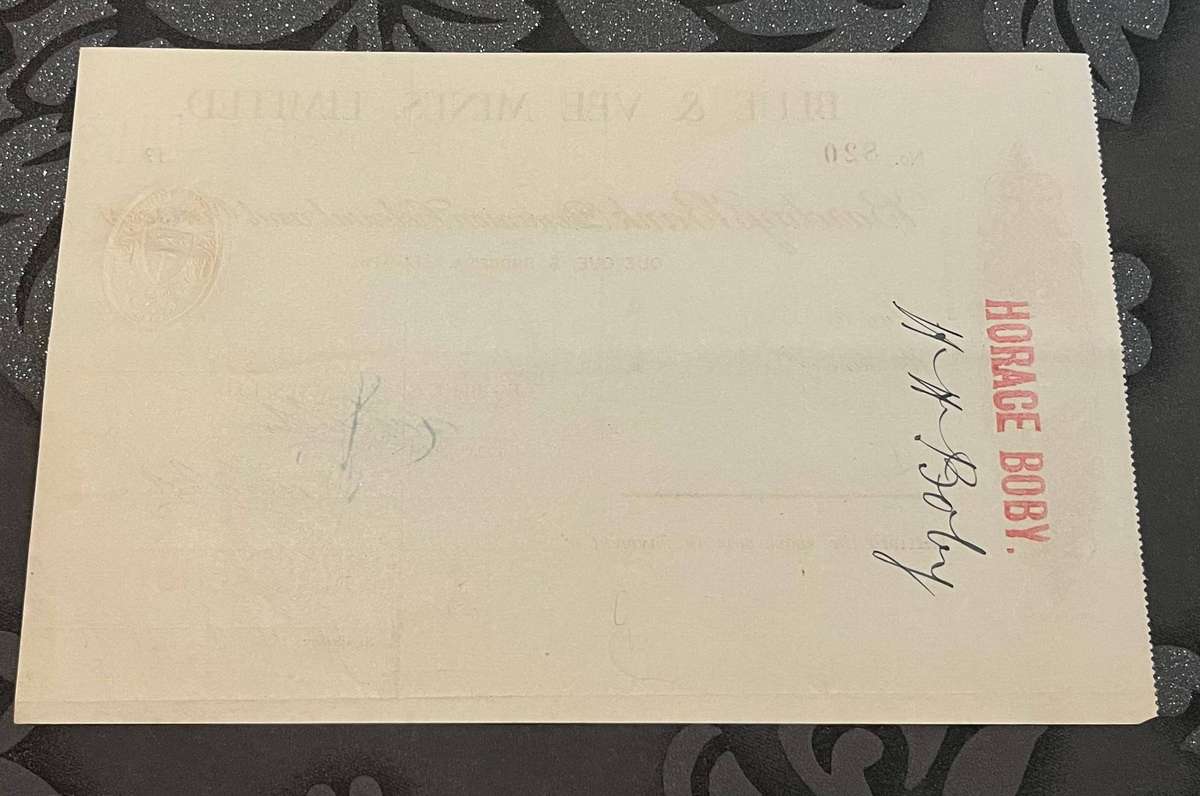 1943 Blue & Vee Mines Ltd Cheque  Que Que, Southern Rhodesia