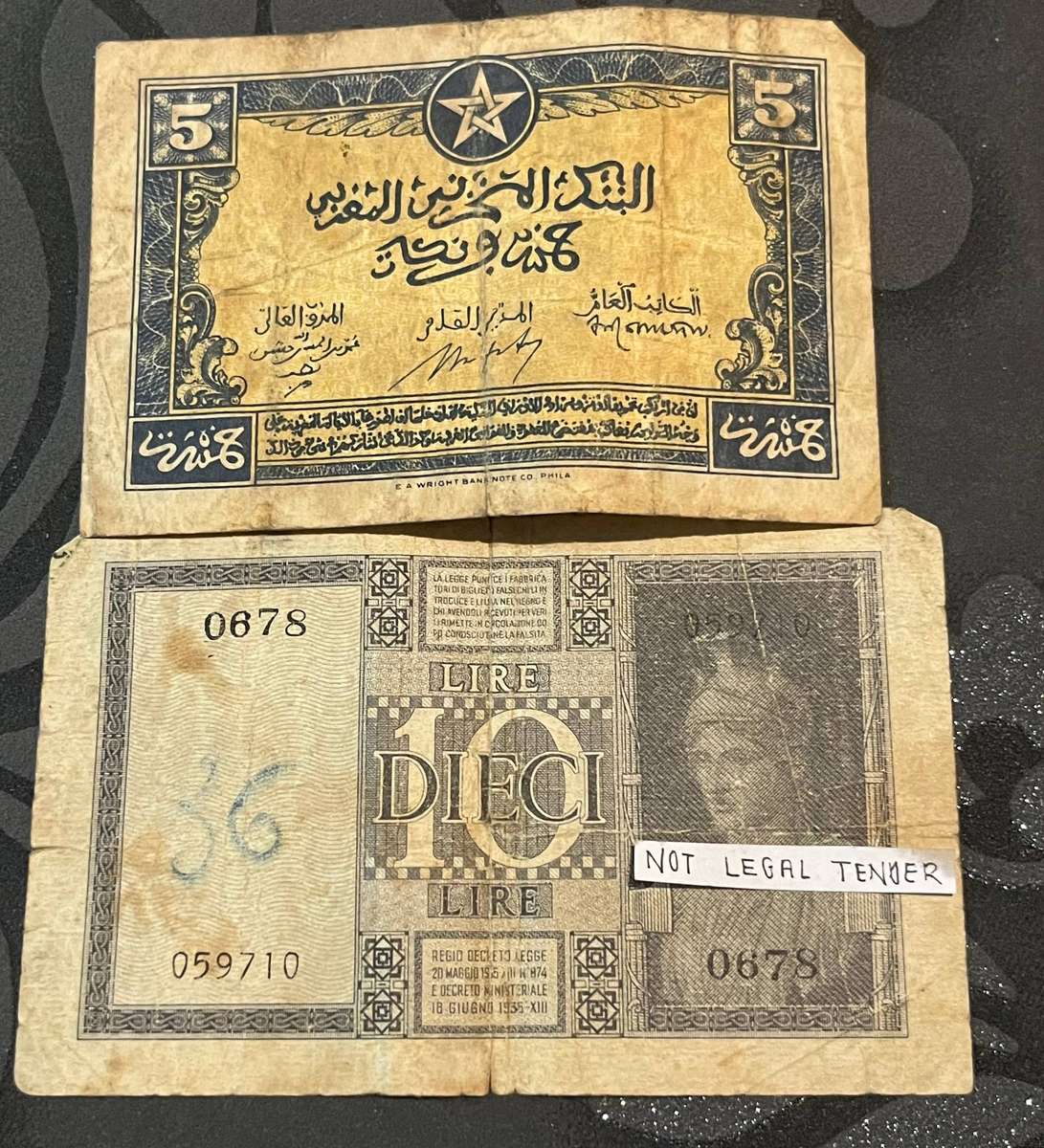  Morocco & Italy Vintage Banknote Pair  5 Francs & 10 Lire