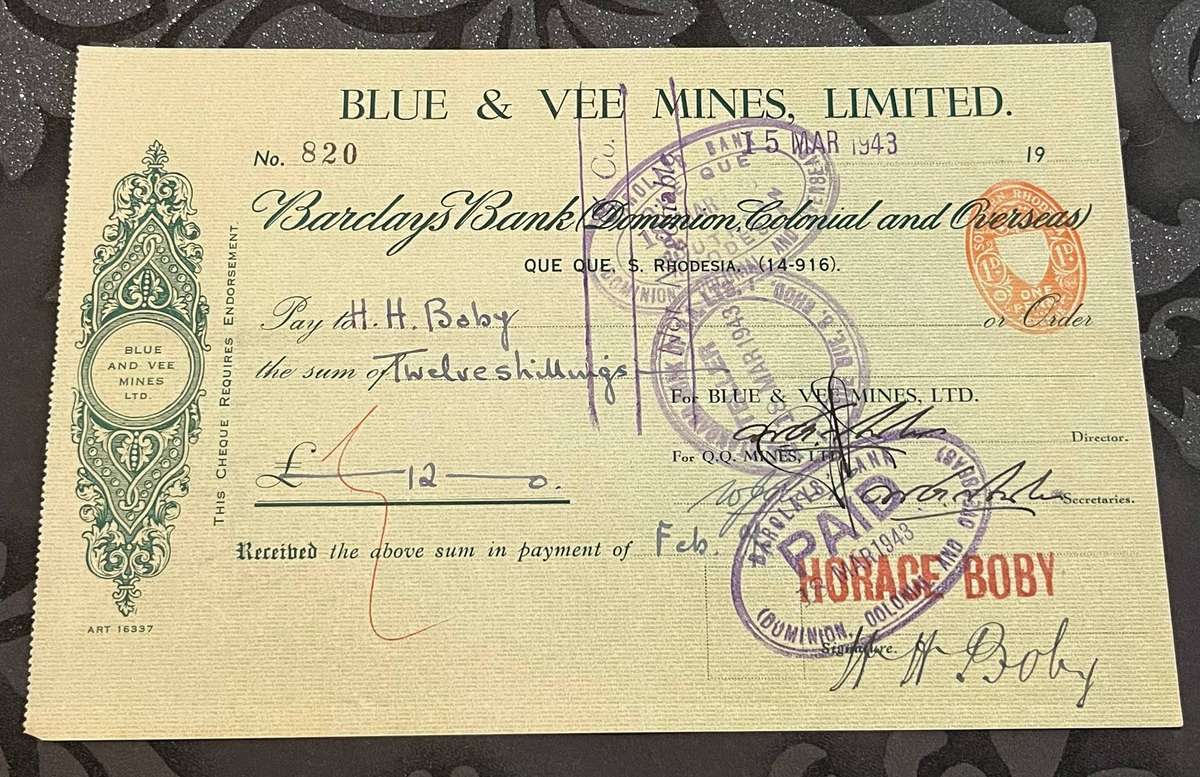 1943 Blue & Vee Mines Ltd Cheque  Que Que, Southern Rhodesia