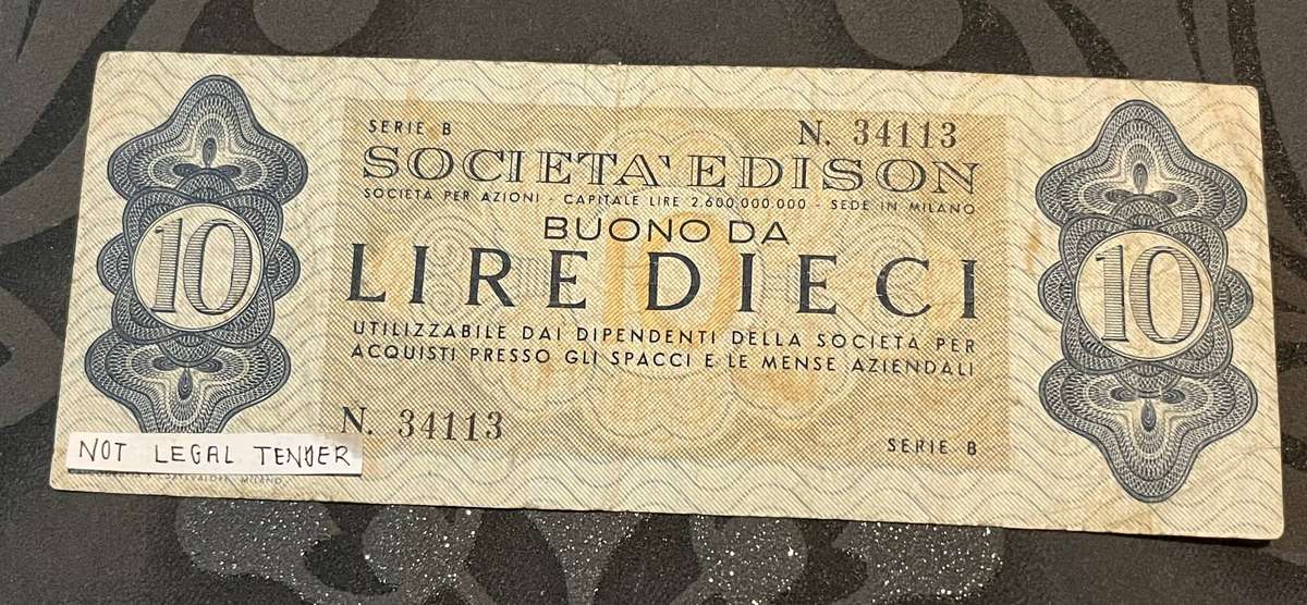 Italy 10 Lire Società Edison Employee Voucher