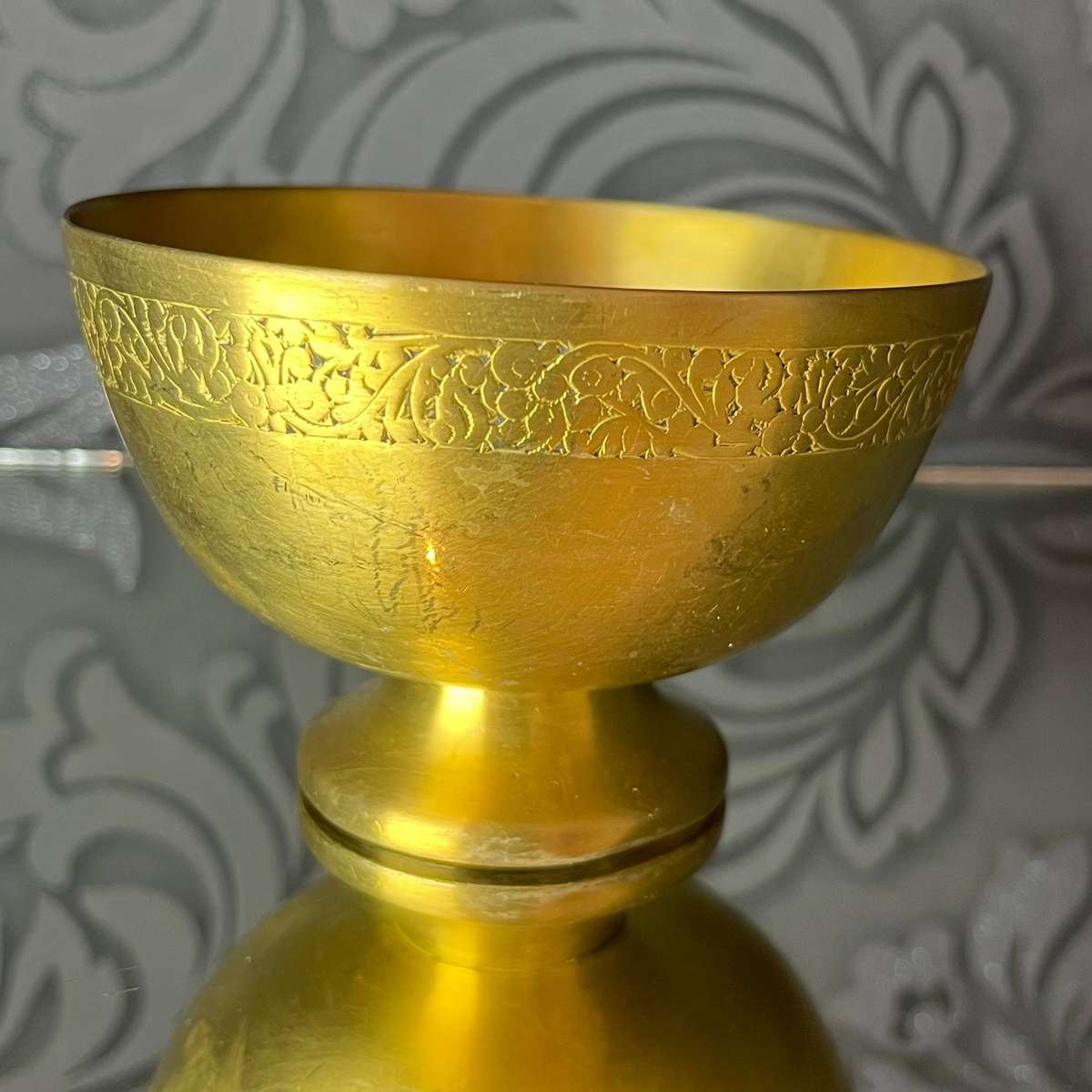  Vintage Copper Pedestal Bowl  Hand-Etched Floral Design