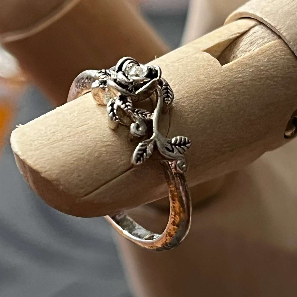 Sterling Silver Rose Motif Ring with Clear Accent Stone