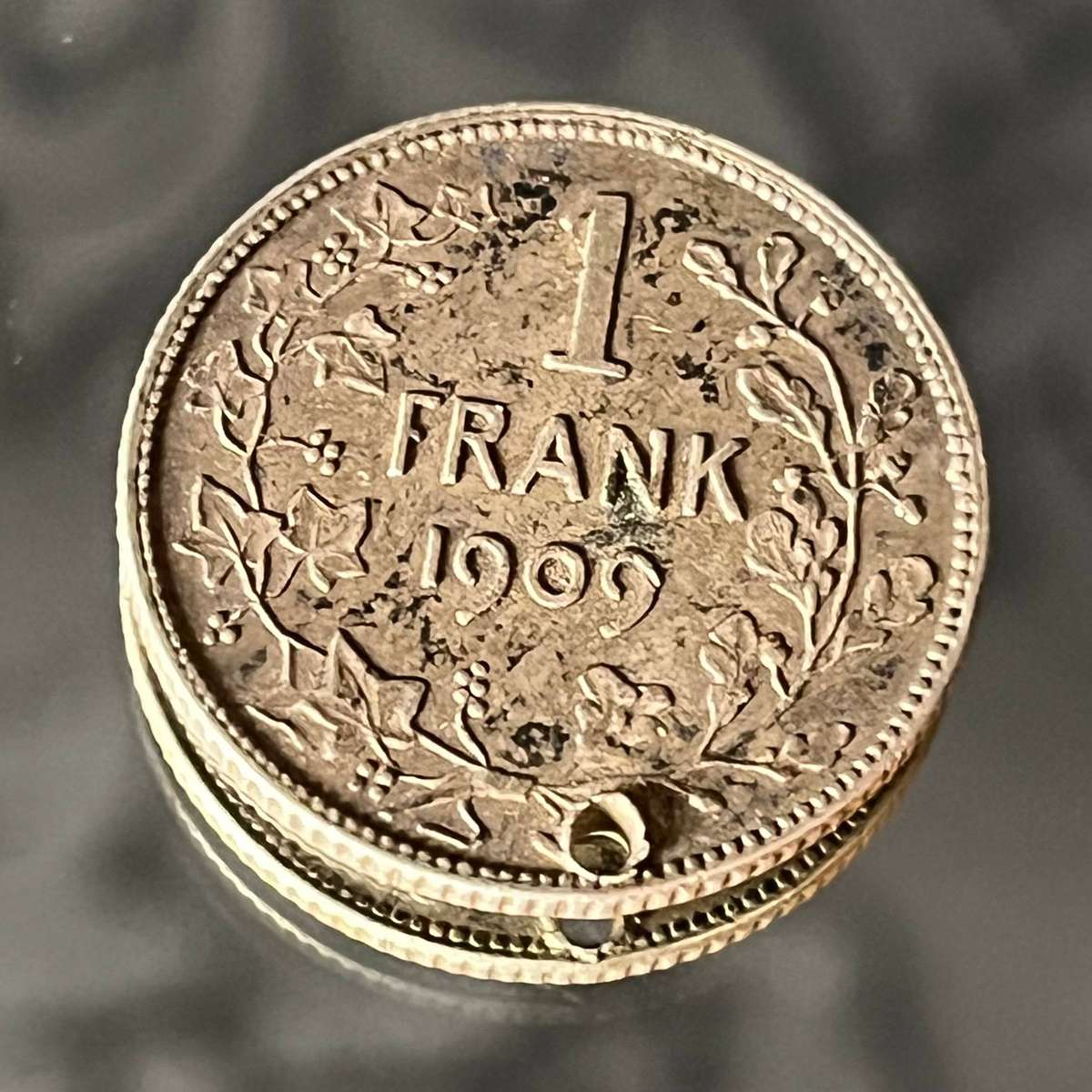 1909 Belgium 1 Franc Silver  King Leopold II  Holed Pendant Coin