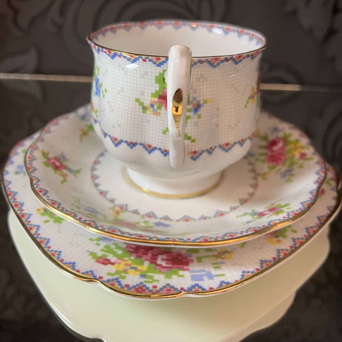 Vintage Royal Albert Petit Point Trio  Bone China England  Cross Stitch Rose Pattern !!R1!!