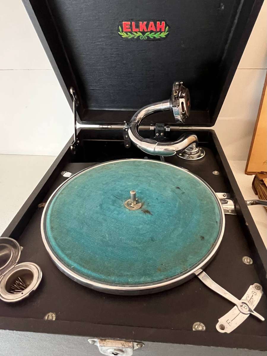 Vintage ELKAH Portable Wind-Up Gramophone + Record Album  1930s/50s Classic