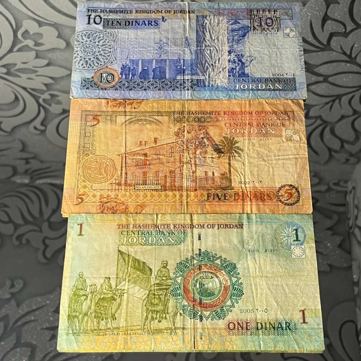 Jordan  3 Banknotes Lot  10, 5 & 1 Dinar  Central Bank Issue