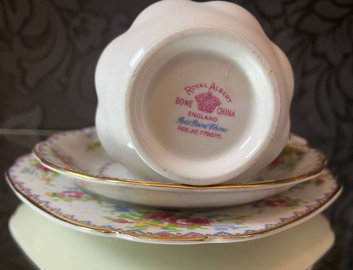 Vintage Royal Albert Petit Point Trio  Bone China England  Cross Stitch Rose Pattern !!R1!!