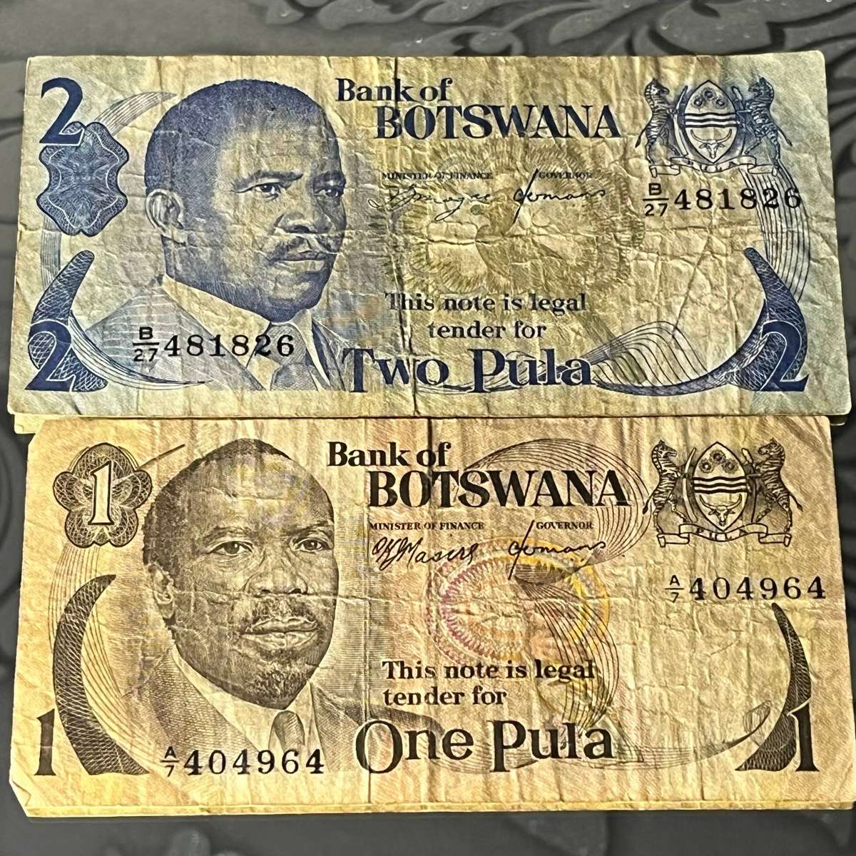 Botswana 1 & 2 Pula Notes (Banka ya Botswana & Bank of Botswana)