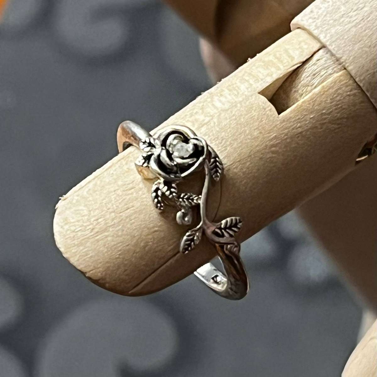 Sterling Silver Rose Motif Ring with Clear Accent Stone
