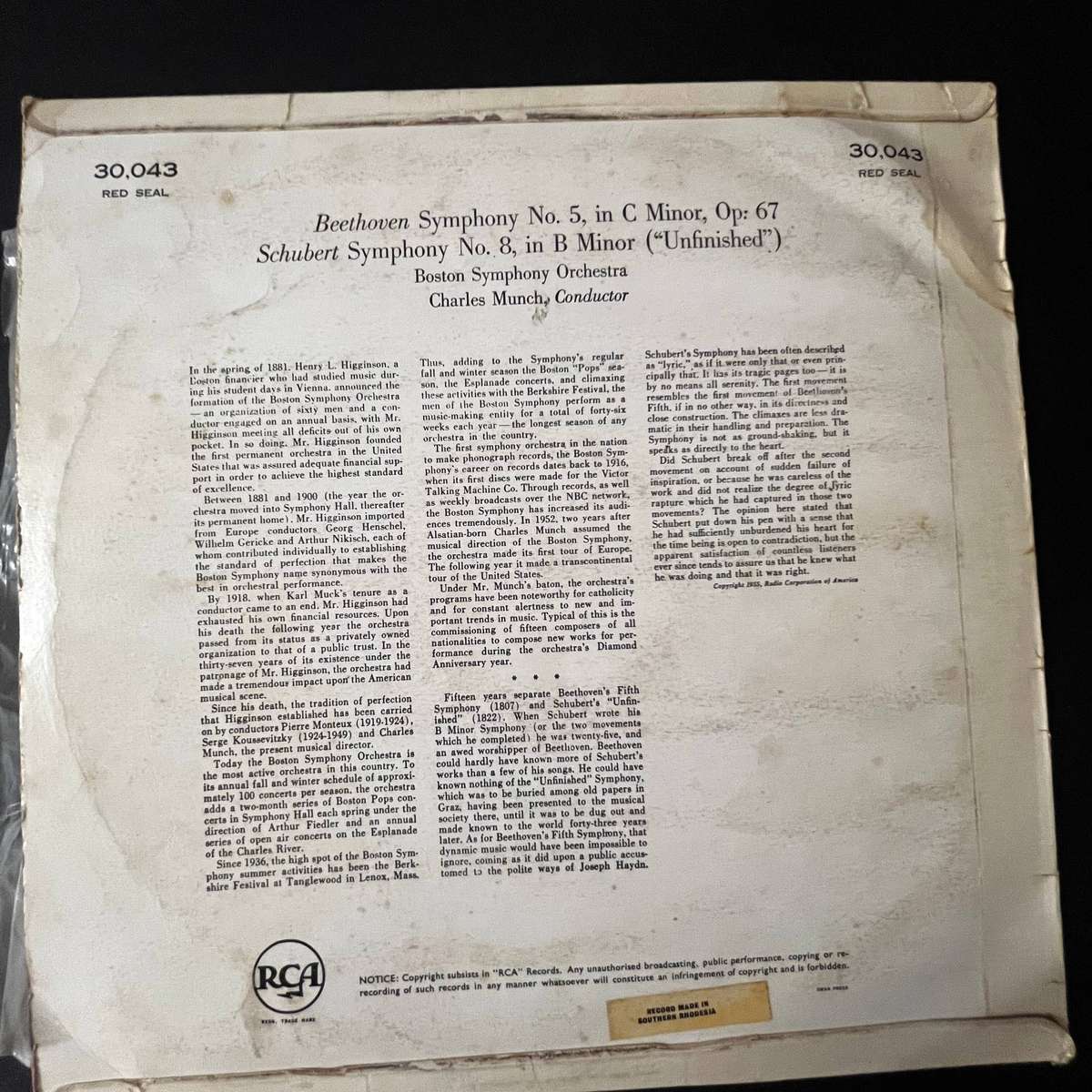Beethoven: Symphony No. 5 / Schubert: Unfinished Symphony | RCA Victor Red Seal | LP Vinyl
