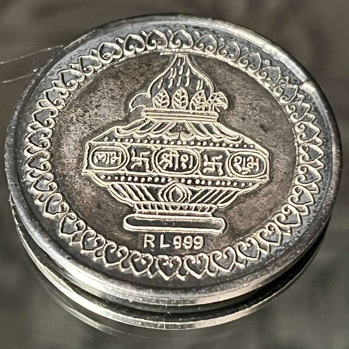 30mm Indian Religious Silver Token RL999  Lakshmi, Saraswati & Ganesha Design