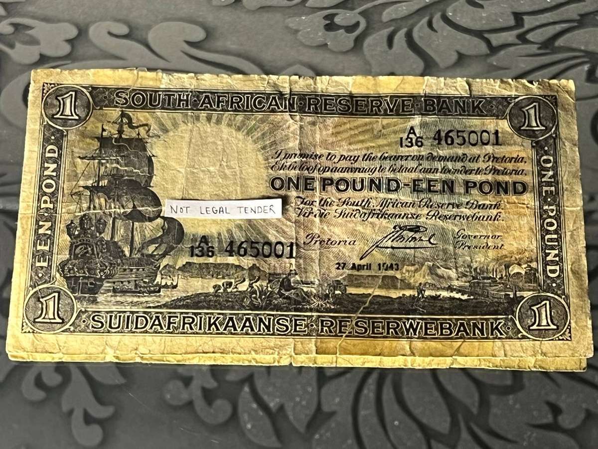 South African 1943 One Pound Banknote  SARB Governor J. Postmus
