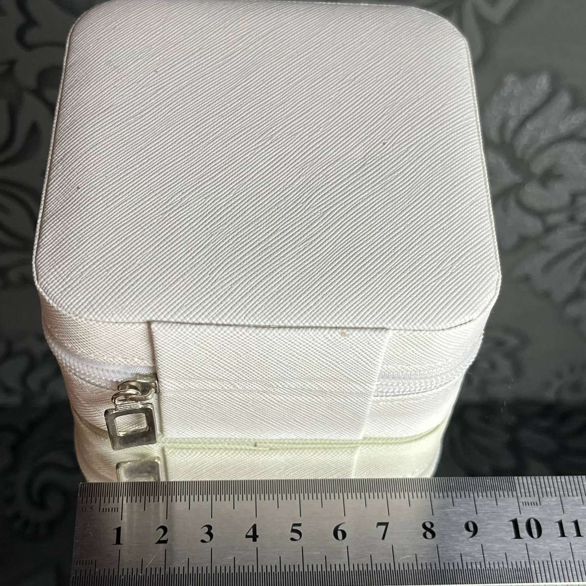 White Travel Jewelry Box  Compact Organizer with Zip & Velvet Interior