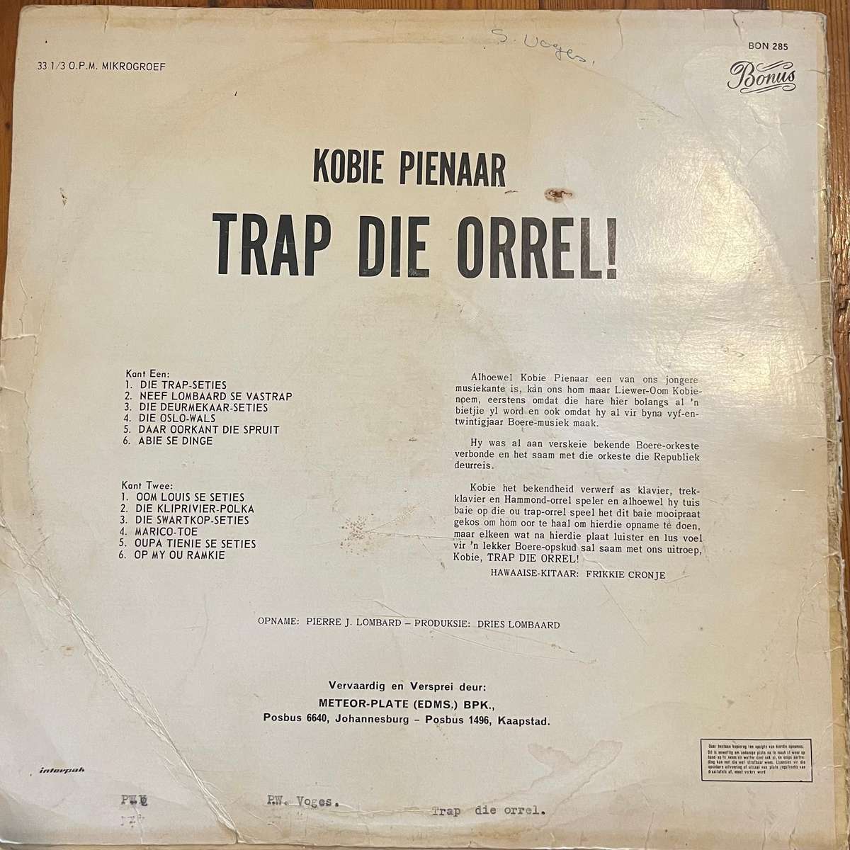 Kobie Pienaar  Trap die Orrel! Vinyl LP (Boeremusiek)