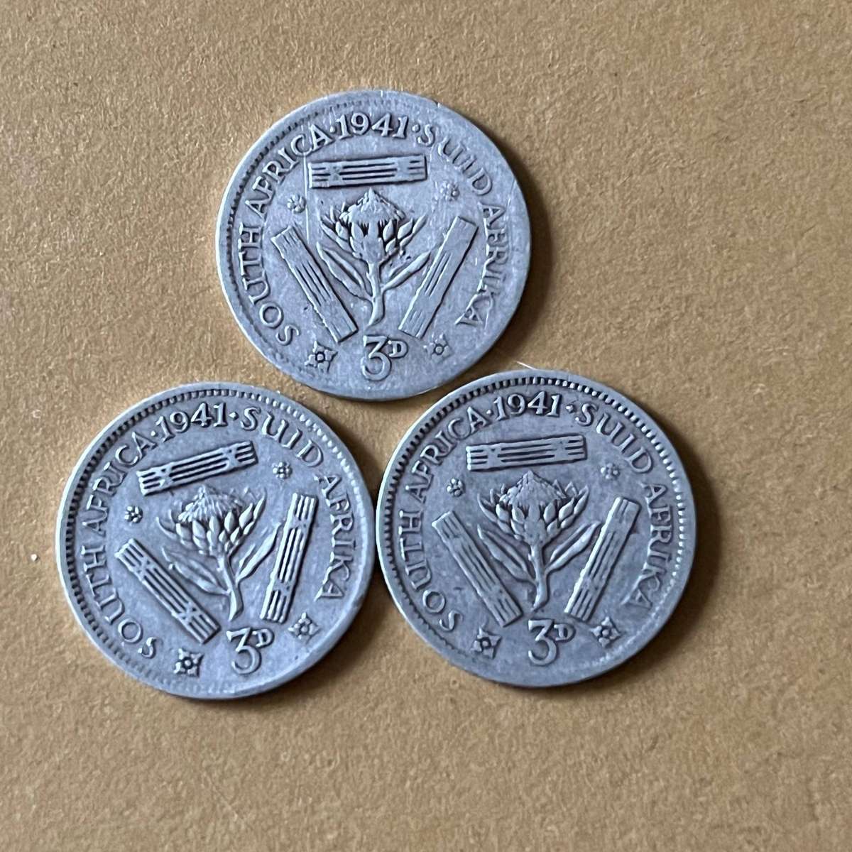 Lot of 3 × South Africa Threepence Coins 1941