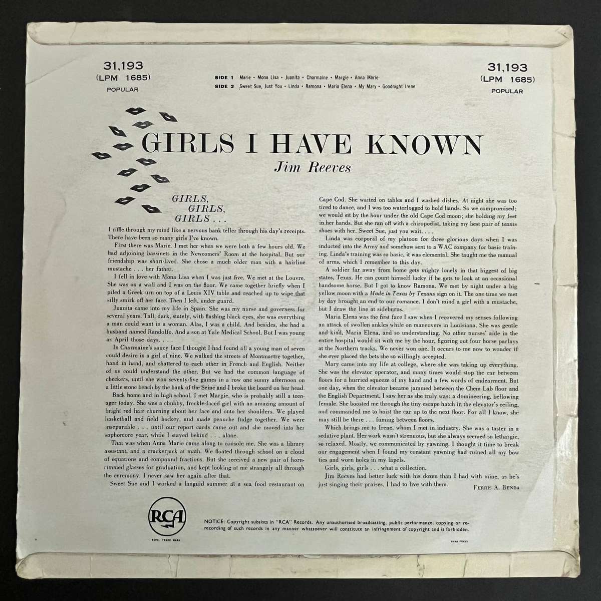 Jim Reeves - Girls I have known | Vinyl LP