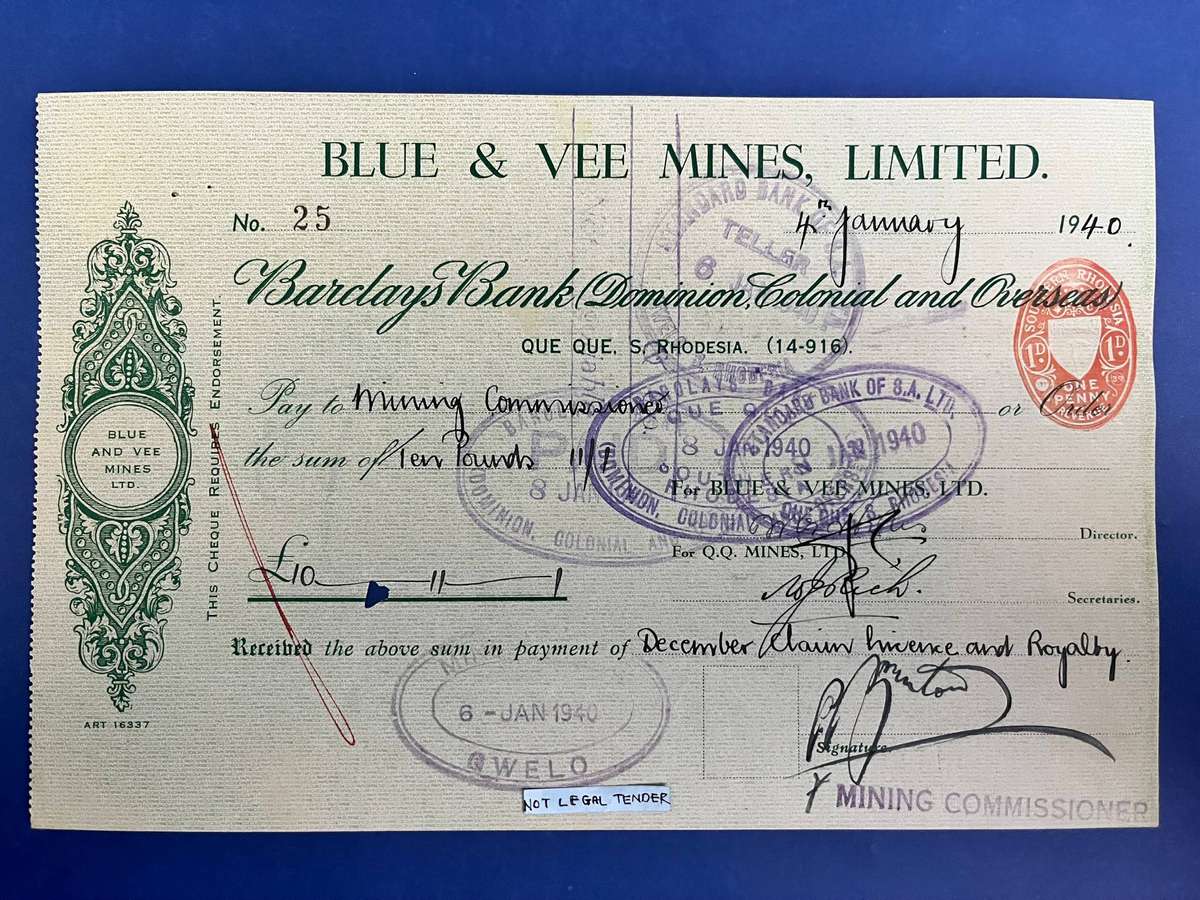 Southern Rhodesia  Blue & Vee Mines Ltd Mining Receipt / Cheque Document (1940)