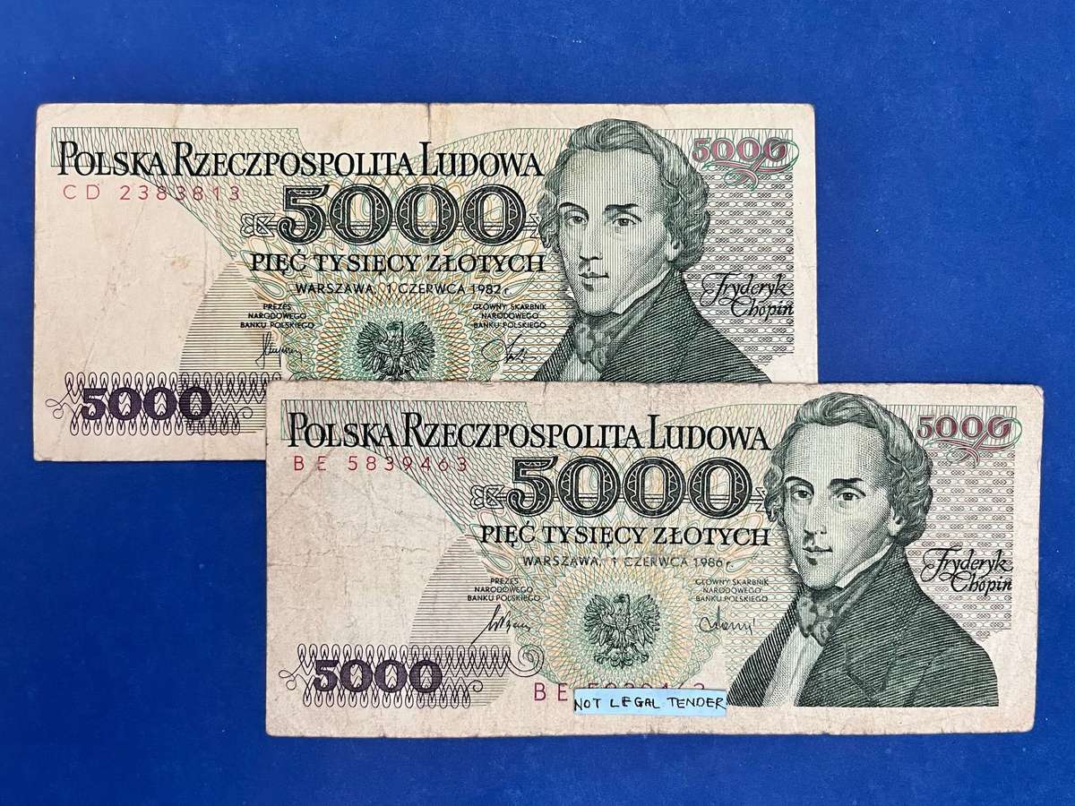 Poland  5,000 Zlotych Banknote Pair (1982)