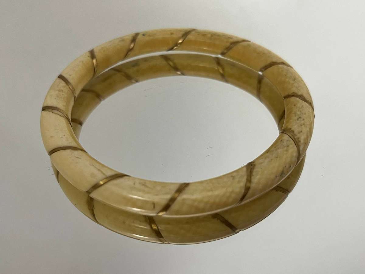 Vintage Segmented Cream Tone Bangle Bracelet | Gold Accent Design