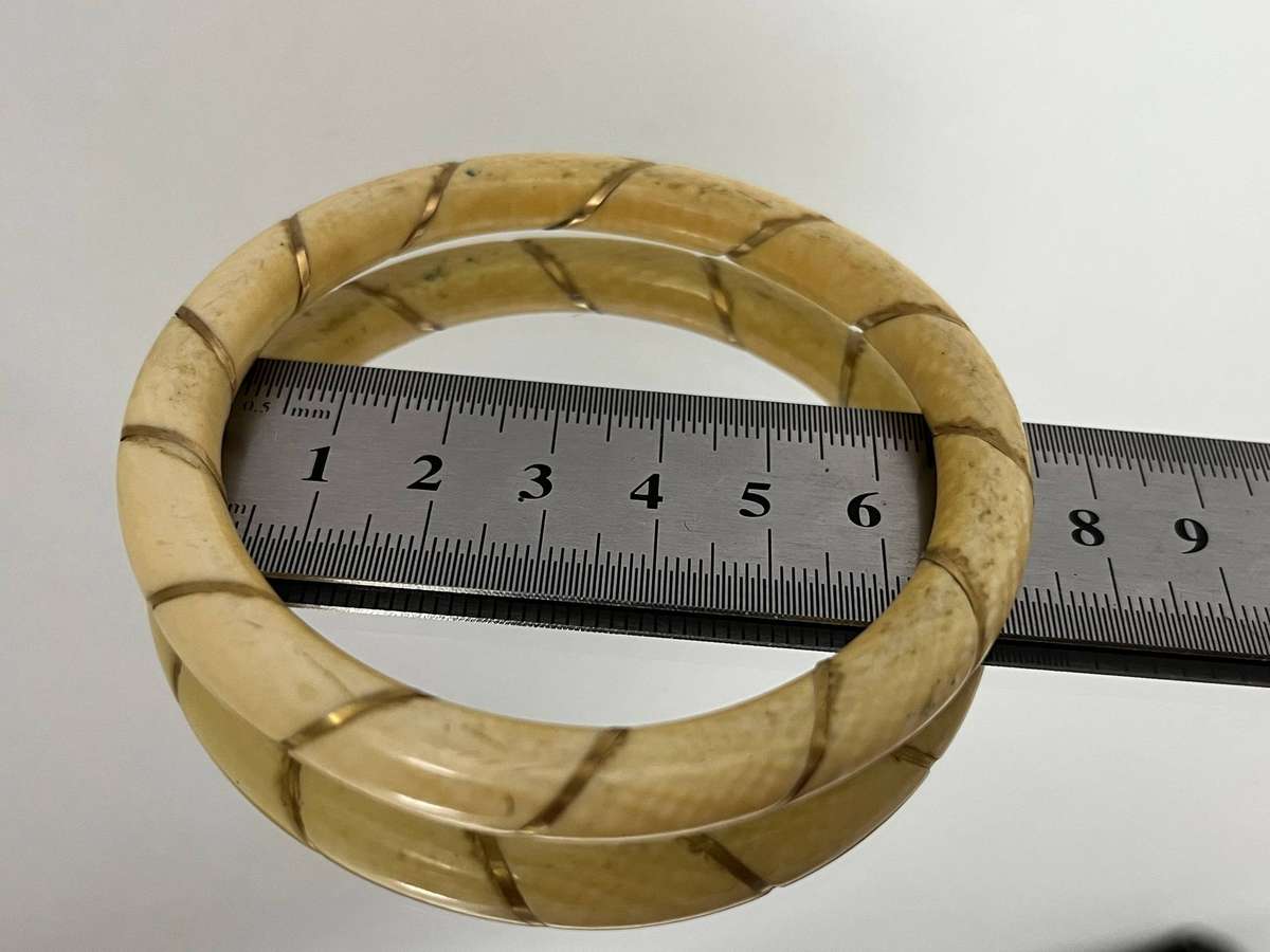 Vintage Segmented Cream Tone Bangle Bracelet | Gold Accent Design