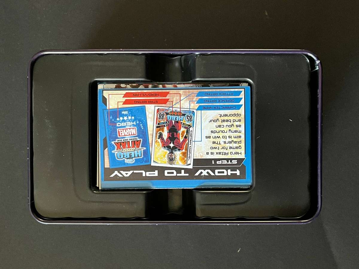  Marvel Hero Attax Trading Card Game  Collector Tin Set with Cards & Play Mats