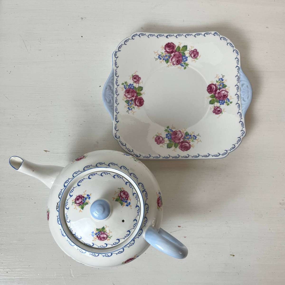  Fine Bone China Shelley England Floral Teapot & Cake Plate Set