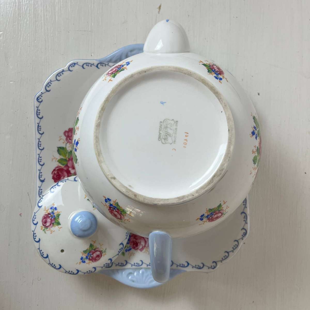 Fine Bone China Shelley England Floral Teapot & Cake Plate Set