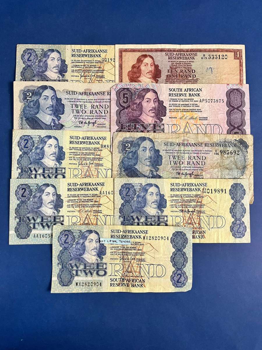  South Africa Banknote Collection  9 Notes Including 1 Rand, 2 Rand & 5 Rand