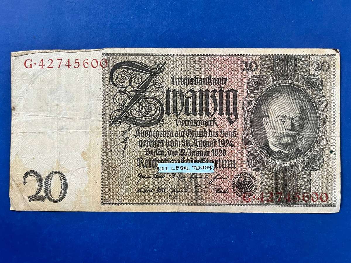  Germany 20 Reichsmark Banknote  Reichsbanknote Berlin 1929  Weimar Republic Currency Note