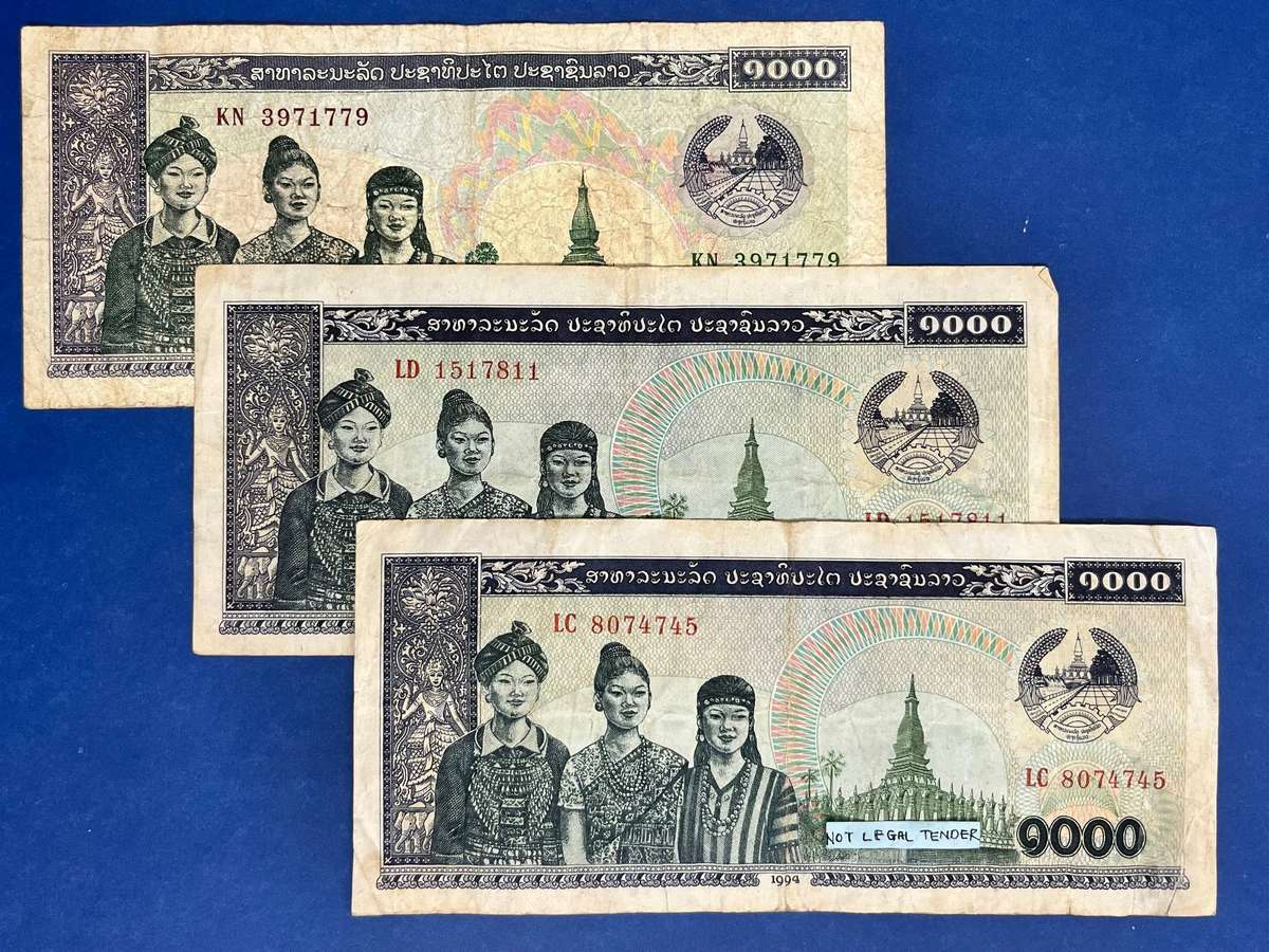 Laos 1000 Kip Banknote Lot of 3 Notes 1994