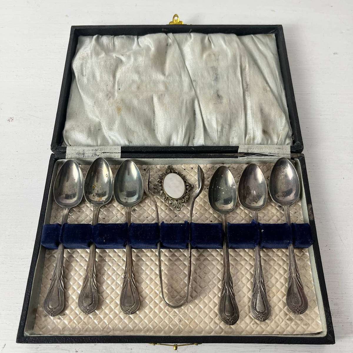  Vintage Silver Plated Teaspoon Set with Sugar Tongs & Place Card Holder