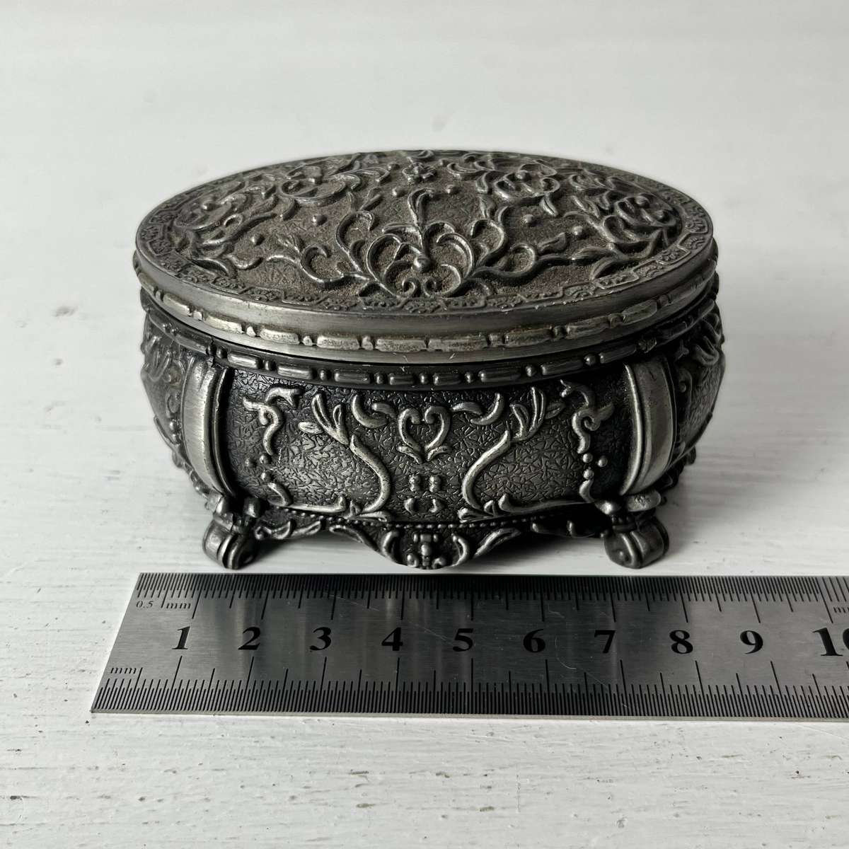  Ornate Pewter Style Trinket Jewellery Box with Velvet Lining