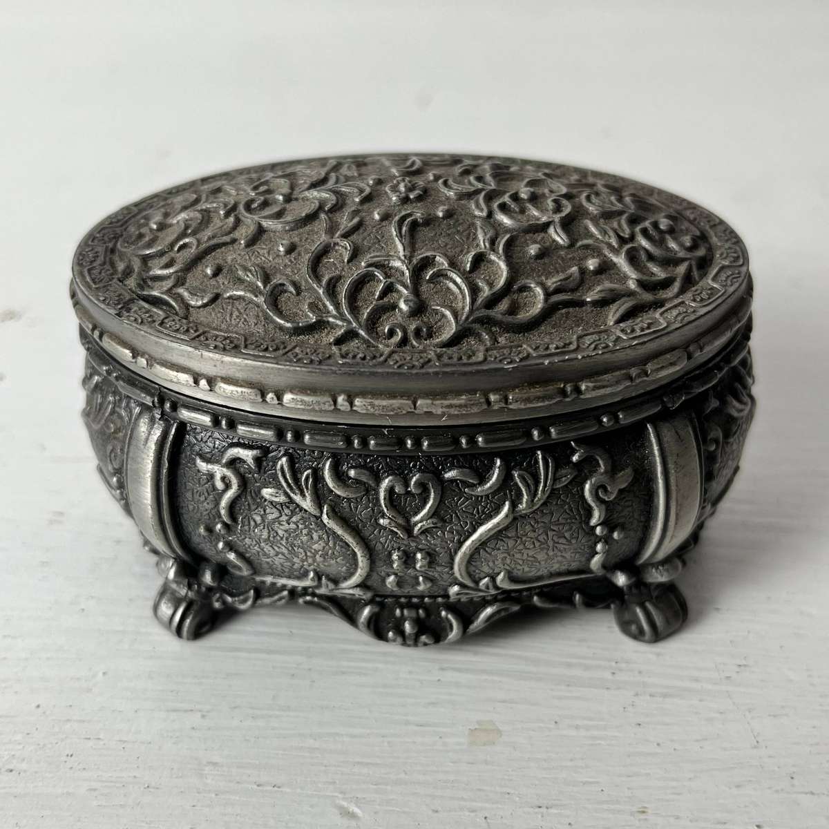  Ornate Pewter Style Trinket Jewellery Box with Velvet Lining