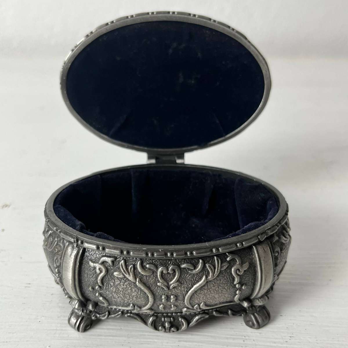  Ornate Pewter Style Trinket Jewellery Box with Velvet Lining