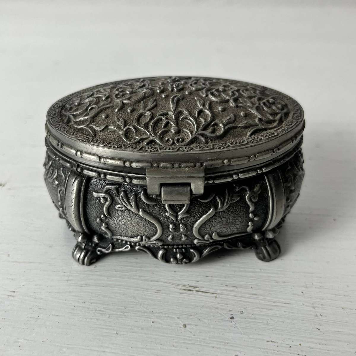  Ornate Pewter Style Trinket Jewellery Box with Velvet Lining