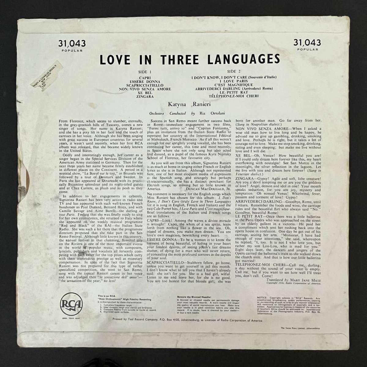 Katyna Ranieri - Love in Three Language  | Vinyl LP