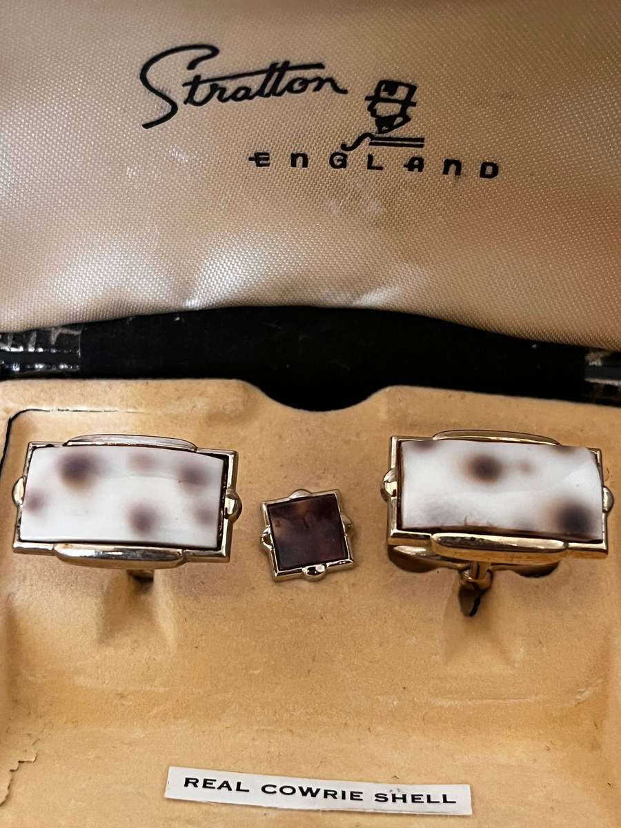  Vintage Stratton England Cufflinks & Tie Pin Set  Real Cowrie Shell