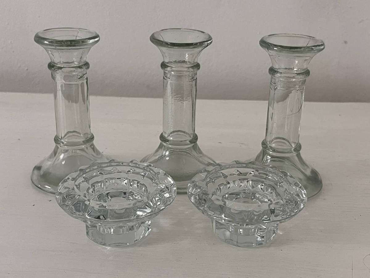 Glass Candlestick & Tealight Holder Set  5 Pieces (3 Tall, 2 Small)