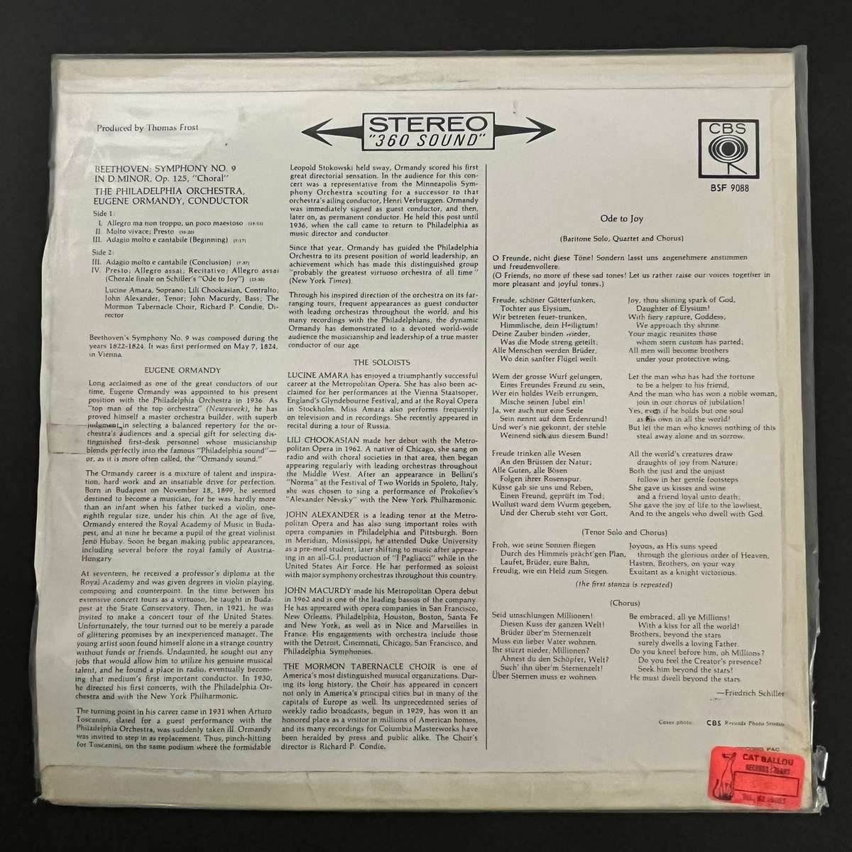 Beethoven Symphony No. 9 Philadelphia Orchestra Eugene Ormandy | Vinyl LP