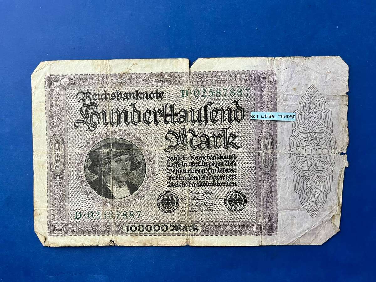Germany 100,000 Mark Reichsbanknote Hyperinflation Issue 1923 Banknote
